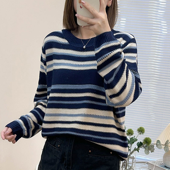 Korejskog stila prugasti pleteni pulover za žene — dugi rukavi, okrugli izrez, opušten kroj, poliester, proljeće 2025