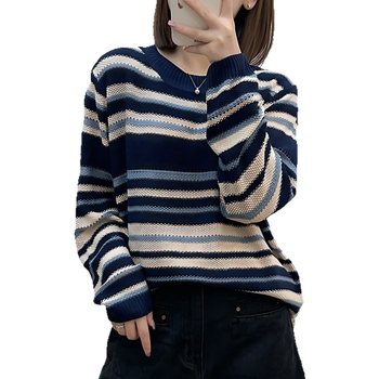 Korejskog stila prugasti pleteni pulover za žene — dugi rukavi, okrugli izrez, opušten kroj, poliester, proljeće 2025