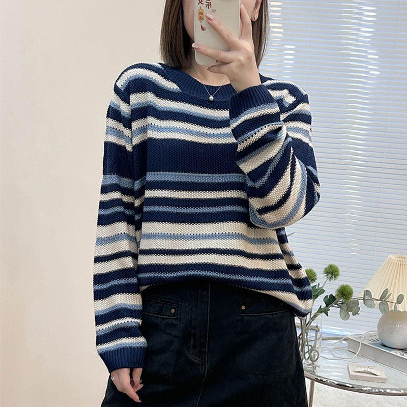 Korejskog stila prugasti pleteni pulover za žene — dugi rukavi, okrugli izrez, opušten kroj, poliester, proljeće 2025