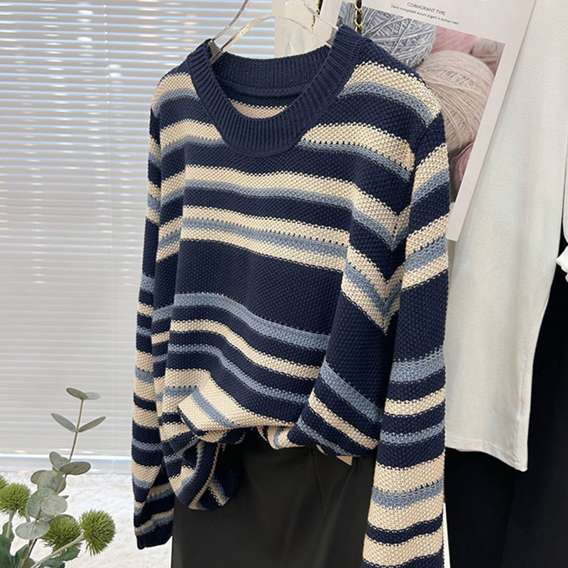 Korejskog stila prugasti pleteni pulover za žene — dugi rukavi, okrugli izrez, opušten kroj, poliester, proljeće 2025