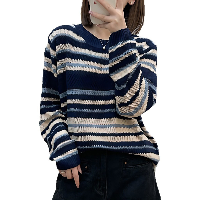 Korejskog stila prugasti pleteni pulover za žene — dugi rukavi, okrugli izrez, opušten kroj, poliester, proljeće 2025