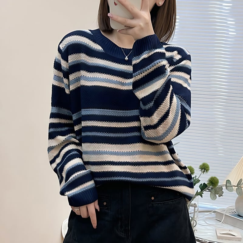 Korejskog stila prugasti pleteni pulover za žene — dugi rukavi, okrugli izrez, opušten kroj, poliester, proljeće 2025