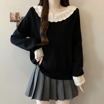 Moteriški megztinis su gobtuvu iš viskozės, ilgos rankovės, apvali kaklo linija, panelių derinys