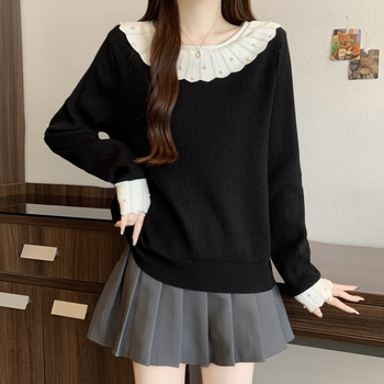 Moteriški megztinis su gobtuvu iš viskozės, ilgos rankovės, apvali kaklo linija, panelių derinys