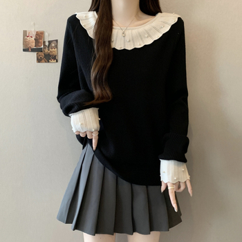 Moteriški megztinis su gobtuvu iš viskozės, ilgos rankovės, apvali kaklo linija, panelių derinys