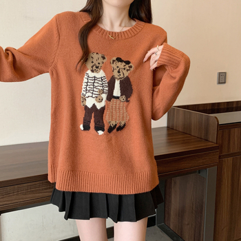 Moteriškas laisvas megztinis - apvalus kaklo iškirptė, akrilo pluoštas, 2025 metų žiema, retro karikatūrinė meškiukas