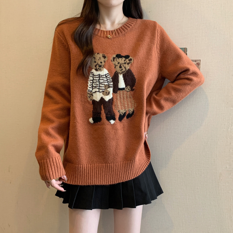 Moteriškas laisvas megztinis - apvalus kaklo iškirptė, akrilo pluoštas, 2025 metų žiema, retro karikatūrinė meškiukas