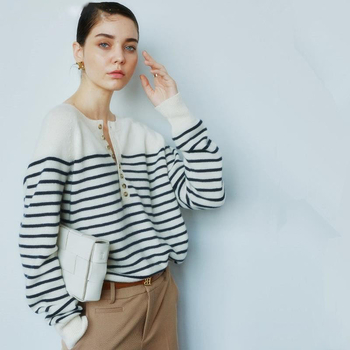 Ženski vuneni džemper s prugastim uzorkom, široki kroj, okrugli izrez, dugi rukavi, svakodnevni stil