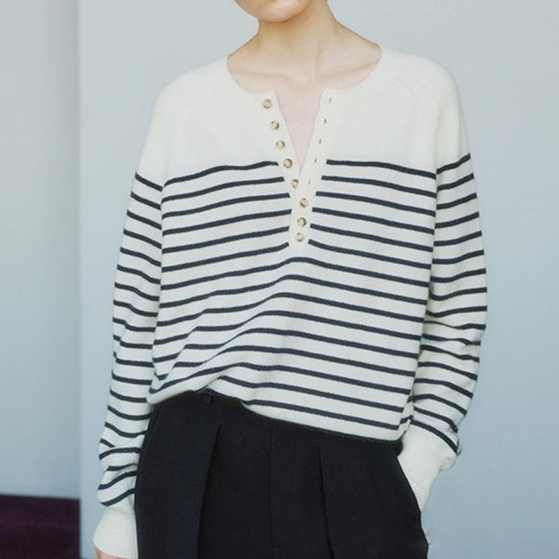 Ženski vuneni džemper s prugastim uzorkom, široki kroj, okrugli izrez, dugi rukavi, svakodnevni stil