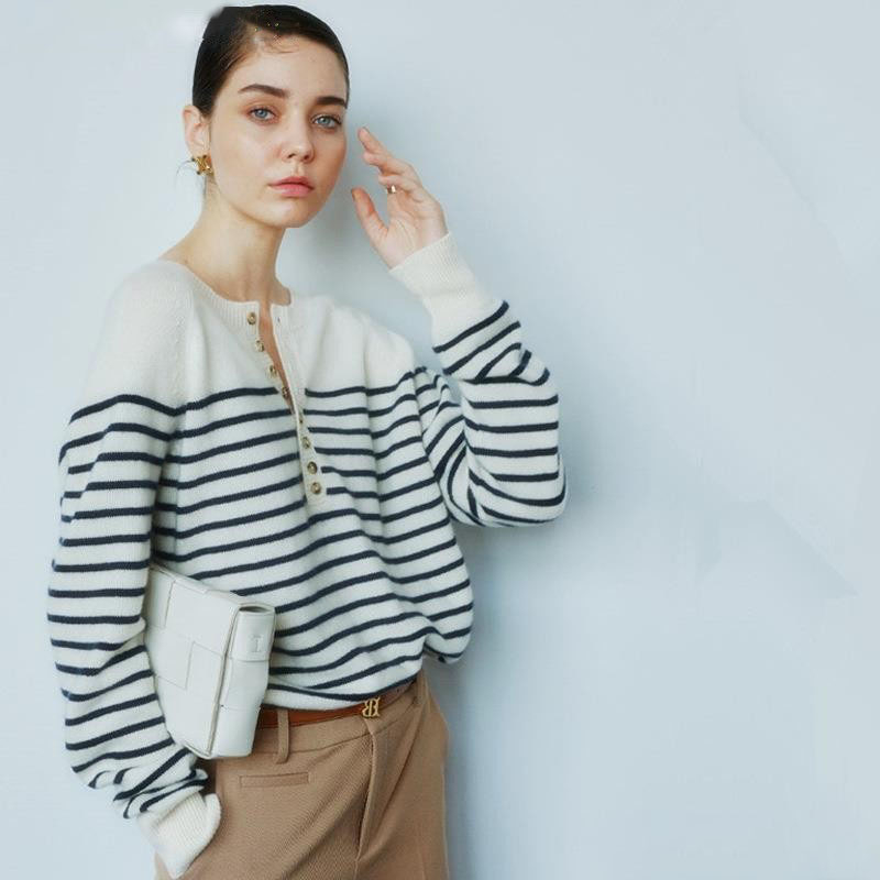 Ženski vuneni džemper s prugastim uzorkom, široki kroj, okrugli izrez, dugi rukavi, svakodnevni stil