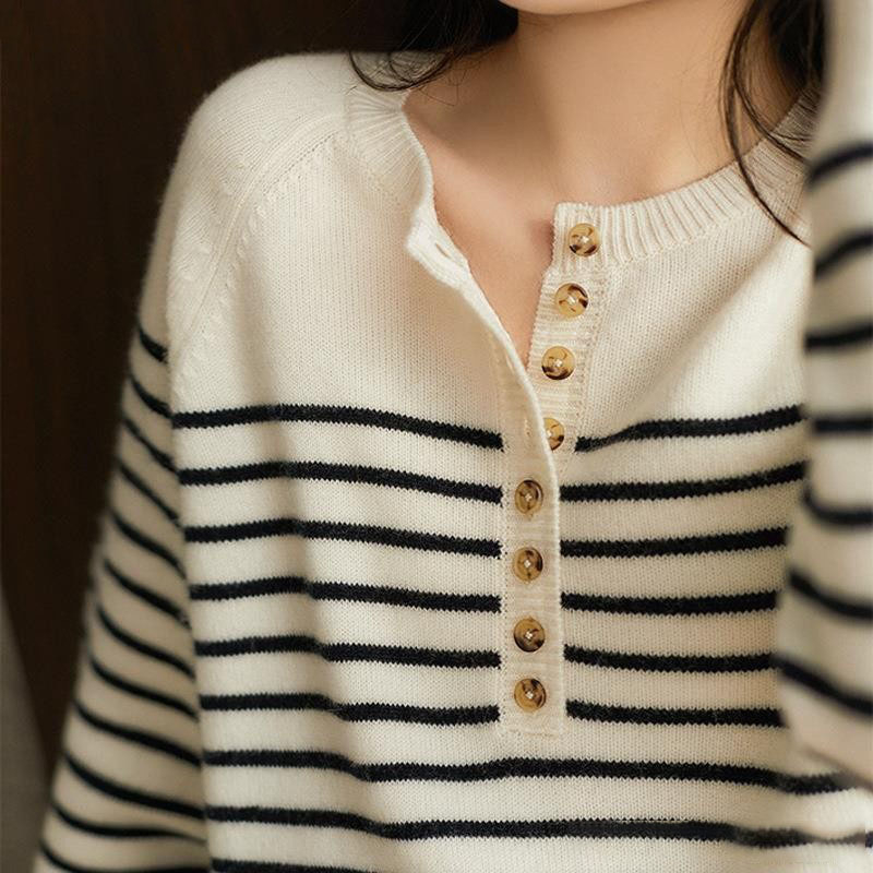 Ženski vuneni džemper s prugastim uzorkom, široki kroj, okrugli izrez, dugi rukavi, svakodnevni stil