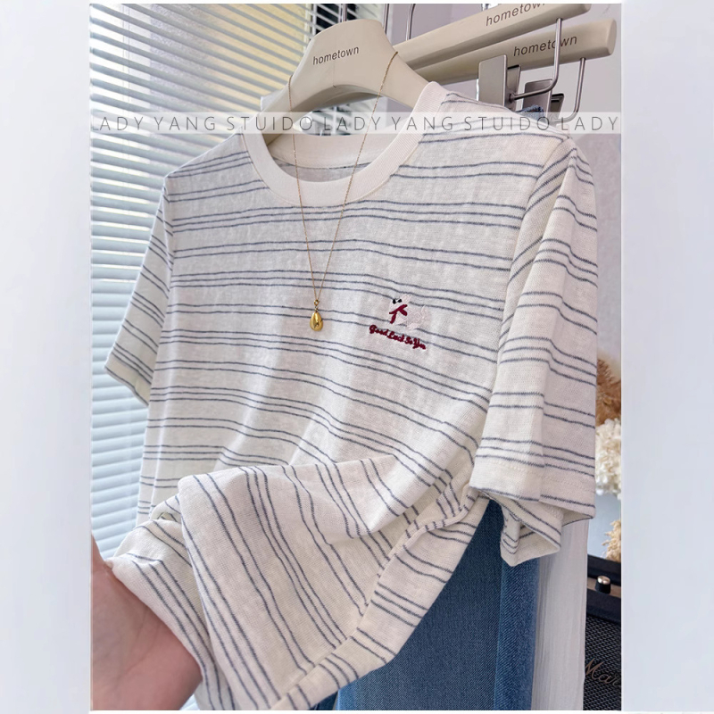 Tricou în stil coreean, cu dungi, brodat, tricot ușor