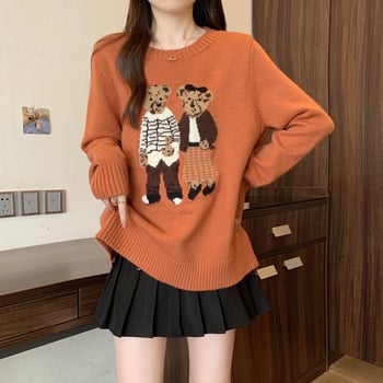 Laisvas megztinis su retro karikatūrų meškiuku, apvalus kaklo iškirpimas, ilgos rankovės, akrilinis pluoštas