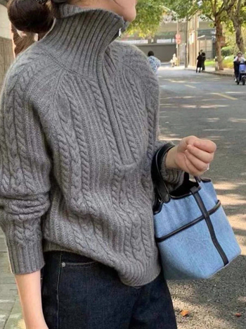 Vilnonis megztinis topas su pusiau užtrauktuku ir apykaklė-lapelė, vintage storas pynės kabelis, trumpas ilgis, moterims