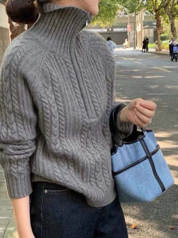 Vilnonis megztinis topas su pusiau užtrauktuku ir apykaklė-lapelė, vintage storas pynės kabelis, trumpas ilgis, moterims