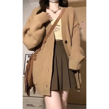 Ženski pleteni kardigan, V-izrez, ice silk materijal, normalna debljina, proljeće 2025