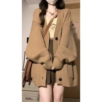 Ženski pleteni kardigan, V-izrez, ice silk materijal, normalna debljina, proljeće 2025