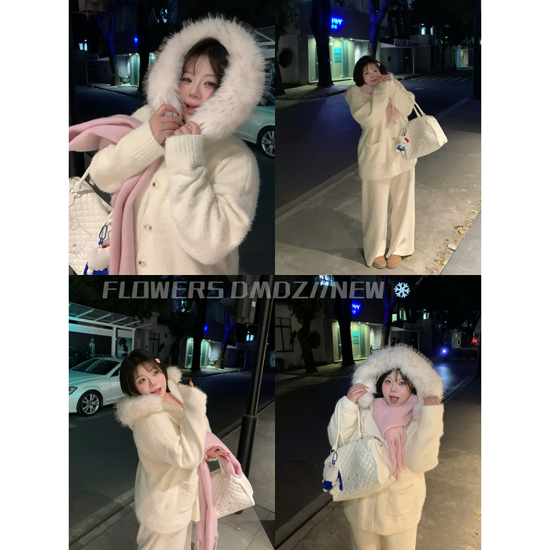 Kardiganas su gobtuvu ir kailinė apykaklė, patchwork mezgimas, viskozės pluoštas, laisvas kirpimas