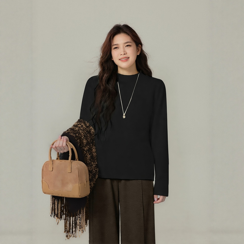 Laisvai krintantis megztinis su gobtuvu, pusaukšto kaklo megztinis rudens–žiemos sezonai, vienalytė mezgimo viskozė/polisteris/nylon mišinyje, ilgi rankovės