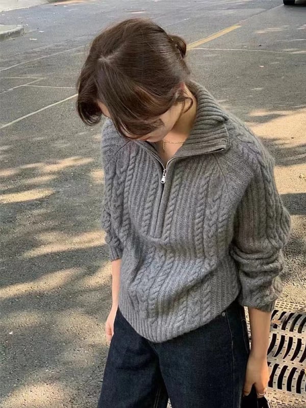 Vilnonė megztinė su apykakle, storas kabelinis mezginys, trumpa apdaila, pusės ilgio rankovės, moterims žiemos modelis