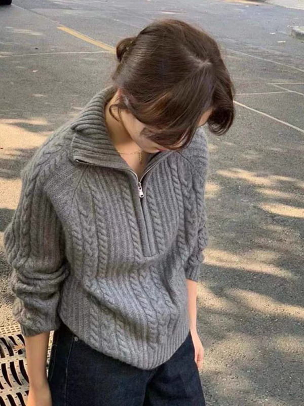 Vilnonė megztinė su apykakle, storas kabelinis mezginys, trumpa apdaila, pusės ilgio rankovės, moterims žiemos modelis