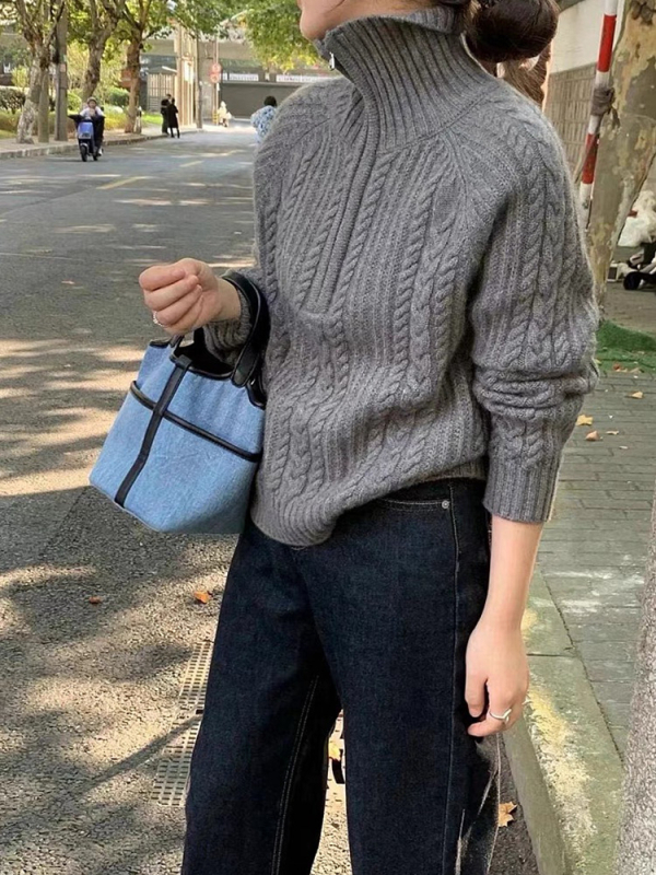 Vilnonė megztinė su apykakle, storas kabelinis mezginys, trumpa apdaila, pusės ilgio rankovės, moterims žiemos modelis