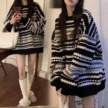Ženski prugasti hoodie pulover s kapuljom, slobodan kroj, srednja duljina, dugi rukavi, poliester