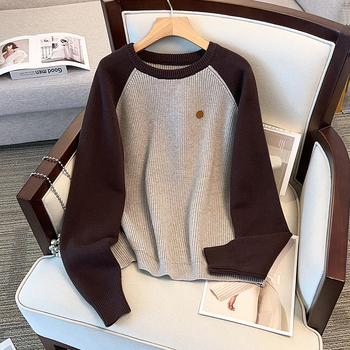 Moteriškas megztinis su kontrastinėmis raglano rankovėmis, apvaliu kaklu, storas megztinis, laisvas kirpimas, akrilo-poliesterio mišinys, žiema 2024