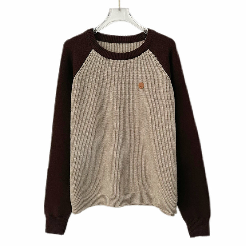 Moteriškas megztinis su kontrastinėmis raglano rankovėmis, apvaliu kaklu, storas megztinis, laisvas kirpimas, akrilo-poliesterio mišinys, žiema 2024