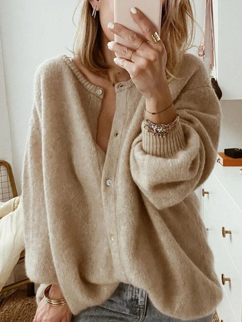 Adīts kardigans ar lampas piedurknēm, brīvs piegriezums, poliester–akrila maisījums, apļveida kakls, vidēja biezuma