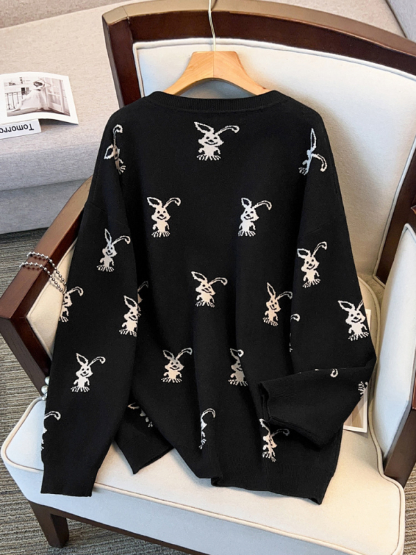Sievietēm brīvs viskozes džemperis ar anime apdruku, apaļš kakla izgriezums, laternu piedurknēm, puloveris