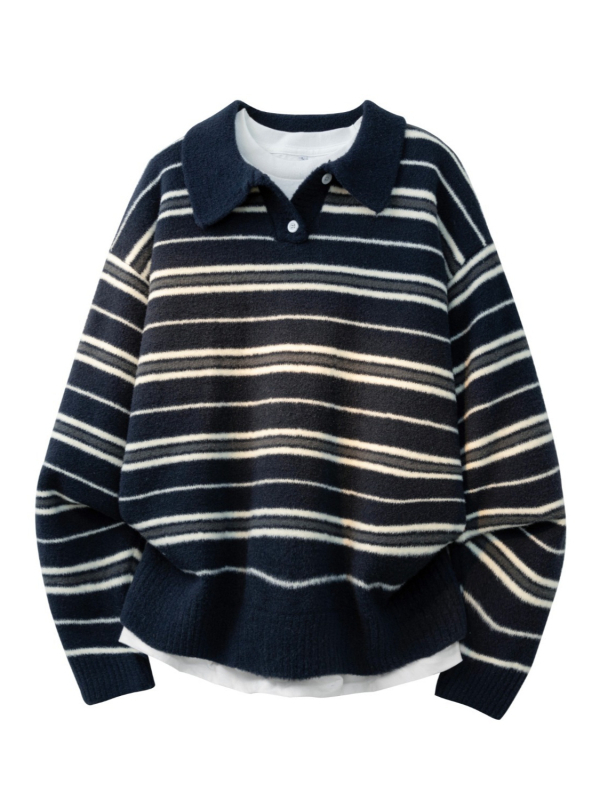 Pletený sveter s golierom polo – pruhovaný, voľný strih, dlhé rukávy, 95% polyester