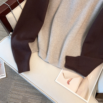 Sieviešu džemperis ar kontrastēm raglāna piedurknēm, apļveida kakls, bieza adījuma, akrila-poliestera maisījums, džemperis, ziemas 2024, brīvs piegriezums