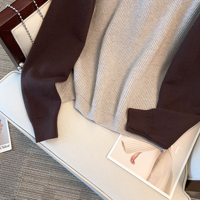 Sieviešu džemperis ar kontrastēm raglāna piedurknēm, apļveida kakls, bieza adījuma, akrila-poliestera maisījums, džemperis, ziemas 2024, brīvs piegriezums