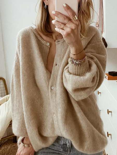Moteriškas megztinis kardiganas su lanterne rankovėmis, laisvas kirpimas, apvali kaklo iškirptė, poliesterio-akrilo audinys