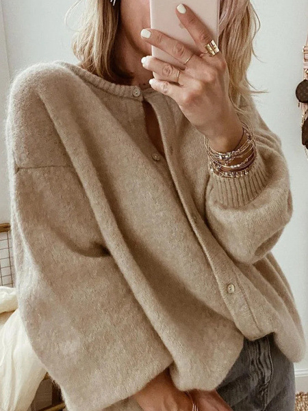 Moteriškas megztinis kardiganas su lanterne rankovėmis, laisvas kirpimas, apvali kaklo iškirptė, poliesterio-akrilo audinys