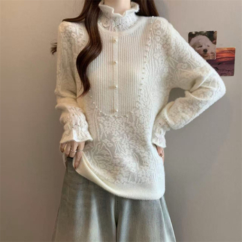 Πλεκτό πουλόβερ με δαντελωτό γιακά, μακριά μανίκια, στενή γραμμή, χοντρό πλέξιμο με 70-80% ελαστάν, μοτίβο φυτών και λουλουδιών, ιαπωνο-κορεατικό casual στυλ