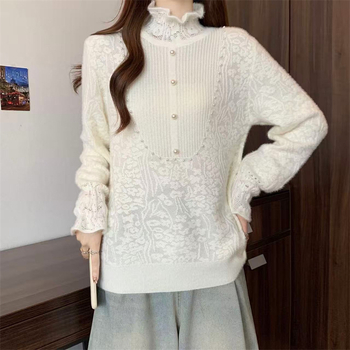 Πλεκτό πουλόβερ με δαντελωτό γιακά, μακριά μανίκια, στενή γραμμή, χοντρό πλέξιμο με 70-80% ελαστάν, μοτίβο φυτών και λουλουδιών, ιαπωνο-κορεατικό casual στυλ