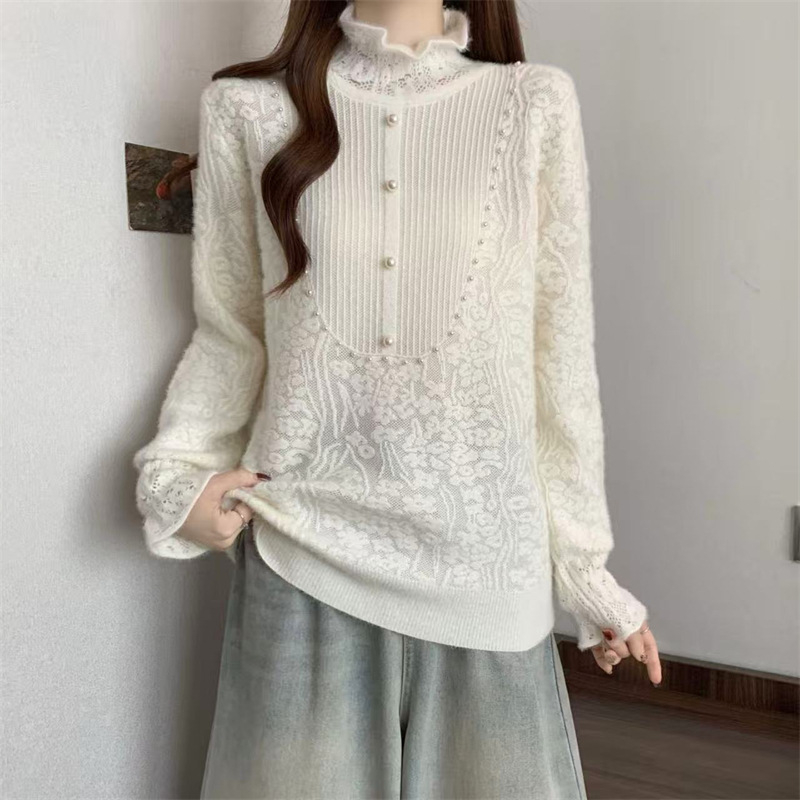 Πλεκτό πουλόβερ με δαντελωτό γιακά, μακριά μανίκια, στενή γραμμή, χοντρό πλέξιμο με 70-80% ελαστάν, μοτίβο φυτών και λουλουδιών, ιαπωνο-κορεατικό casual στυλ