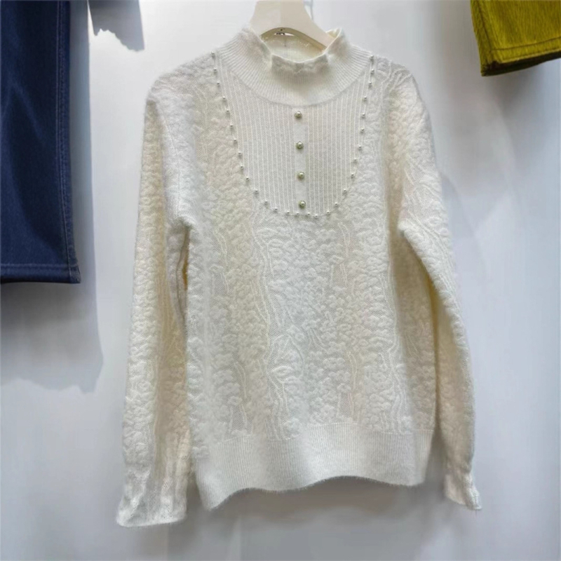 Πλεκτό πουλόβερ με δαντελωτό γιακά, μακριά μανίκια, στενή γραμμή, χοντρό πλέξιμο με 70-80% ελαστάν, μοτίβο φυτών και λουλουδιών, ιαπωνο-κορεατικό casual στυλ