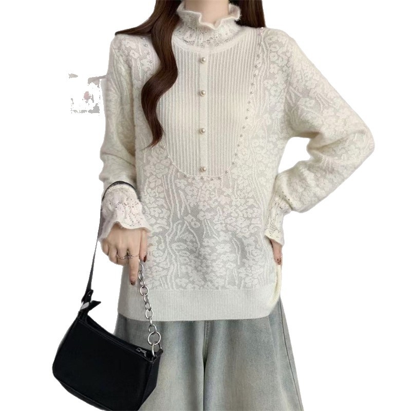 Πλεκτό πουλόβερ με δαντελωτό γιακά, μακριά μανίκια, στενή γραμμή, χοντρό πλέξιμο με 70-80% ελαστάν, μοτίβο φυτών και λουλουδιών, ιαπωνο-κορεατικό casual στυλ