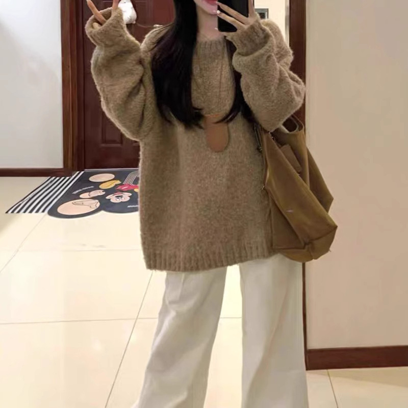 Pulover za jesen-zimu, slobodan kroj, korejskog stila, okrugli izrez, mješavina akrila i poliestera, debelo pletenje