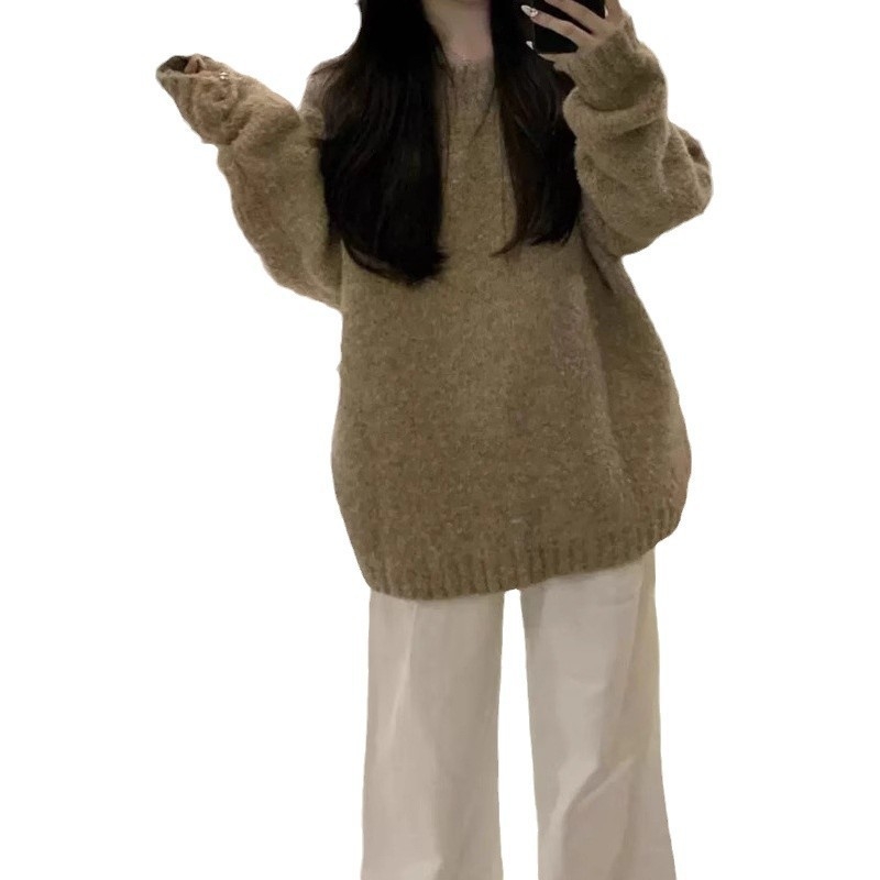 Pulover za jesen-zimu, slobodan kroj, korejskog stila, okrugli izrez, mješavina akrila i poliestera, debelo pletenje