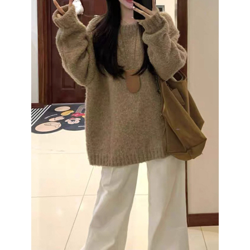 Pulover za jesen-zimu, slobodan kroj, korejskog stila, okrugli izrez, mješavina akrila i poliestera, debelo pletenje
