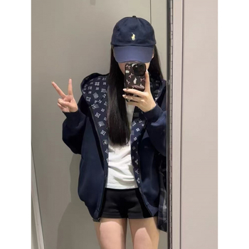 Γυναικεία ζακέτα φούτερ με κουκούλα, χαλαρή γραμμή, φερμουάρ, βαμβάκι 70-80%, σχέδιο γράμματα/αριθμοί/κείμενο, Χειμώνας 2025