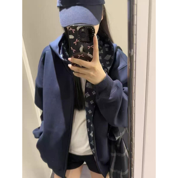 Γυναικεία ζακέτα φούτερ με κουκούλα, χαλαρή γραμμή, φερμουάρ, βαμβάκι 70-80%, σχέδιο γράμματα/αριθμοί/κείμενο, Χειμώνας 2025