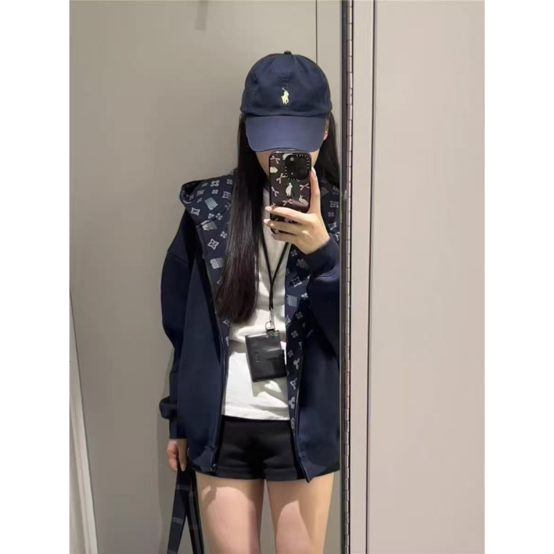 Γυναικεία ζακέτα φούτερ με κουκούλα, χαλαρή γραμμή, φερμουάρ, βαμβάκι 70-80%, σχέδιο γράμματα/αριθμοί/κείμενο, Χειμώνας 2025