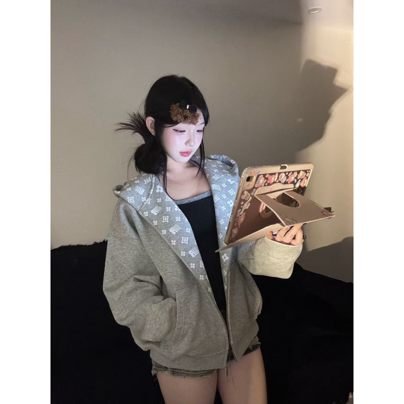 Γυναικεία ζακέτα φούτερ με κουκούλα, χαλαρή γραμμή, φερμουάρ, βαμβάκι 70-80%, σχέδιο γράμματα/αριθμοί/κείμενο, Χειμώνας 2025