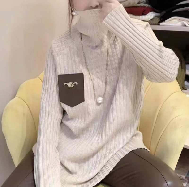 Moterų storas megztinis su aukštu kaklu, laisvo kirpimo, ilgomis rankovėmis, vidutinio ilgio