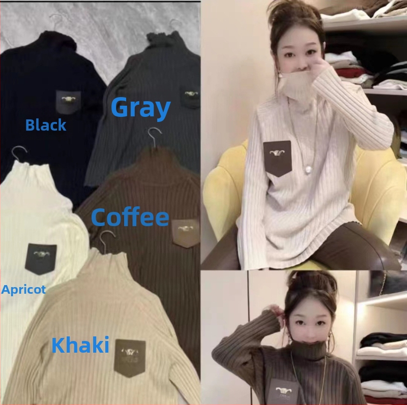 Moterų storas megztinis su aukštu kaklu, laisvo kirpimo, ilgomis rankovėmis, vidutinio ilgio